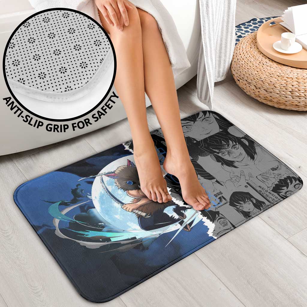 Inosuke Demon Slayer Blue and Black Theme Bathroom Set with Boar Mask and Manga Collage Action Design - The Mazicc