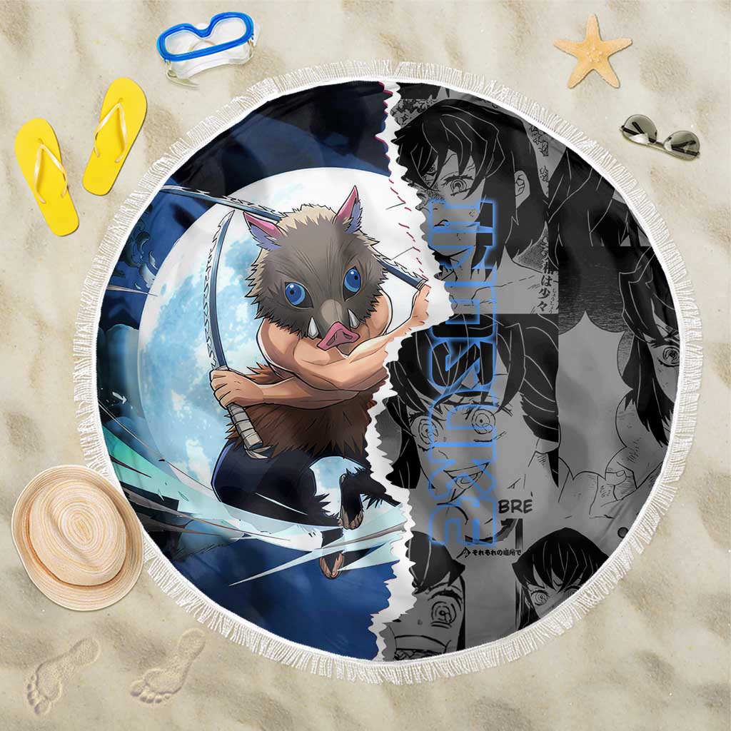 Inosuke Demon Slayer Blue and Black Theme Beach Blanket with Boar Mask and Manga Collage Action Design - The Mazicc