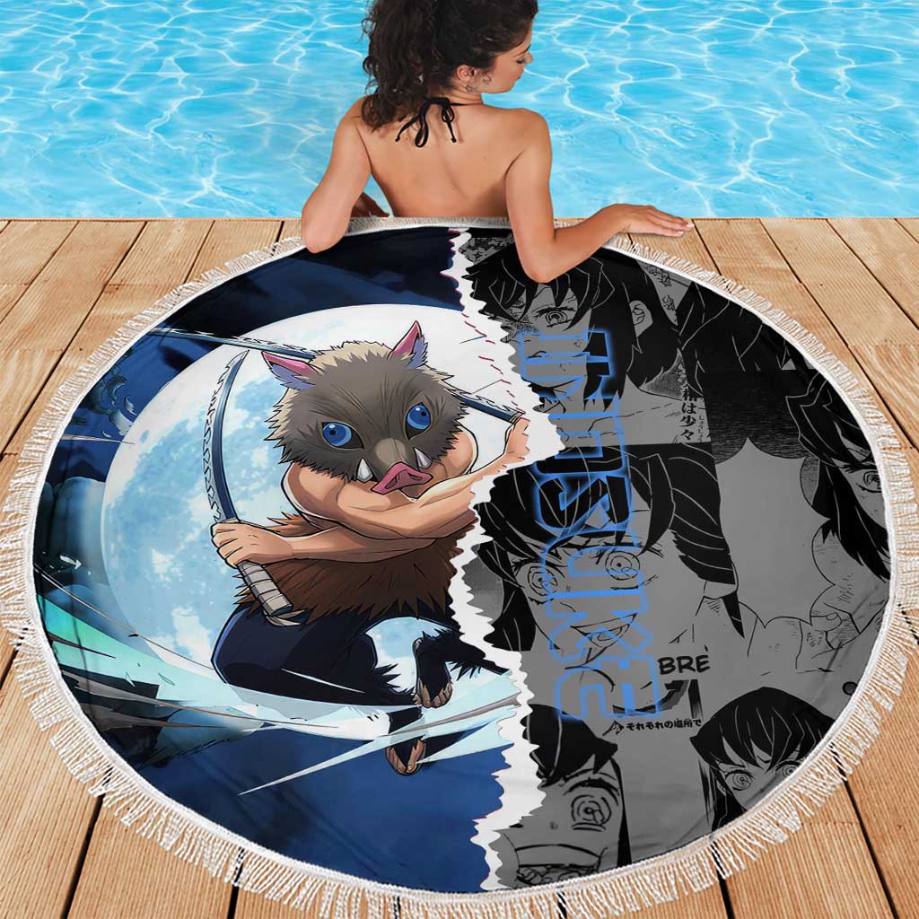 Inosuke Demon Slayer Blue and Black Theme Beach Blanket with Boar Mask and Manga Collage Action Design - The Mazicc