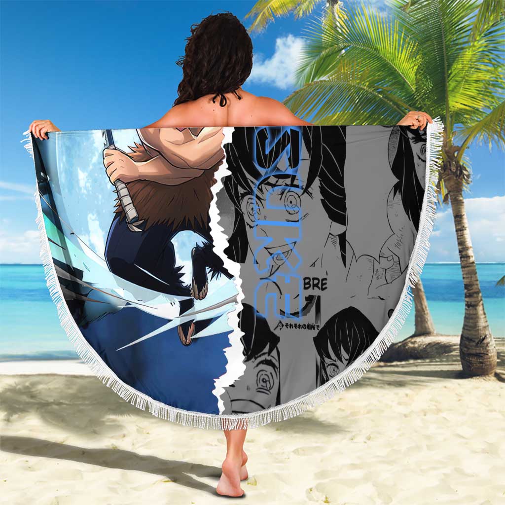 Inosuke Demon Slayer Blue and Black Theme Beach Blanket with Boar Mask and Manga Collage Action Design - The Mazicc
