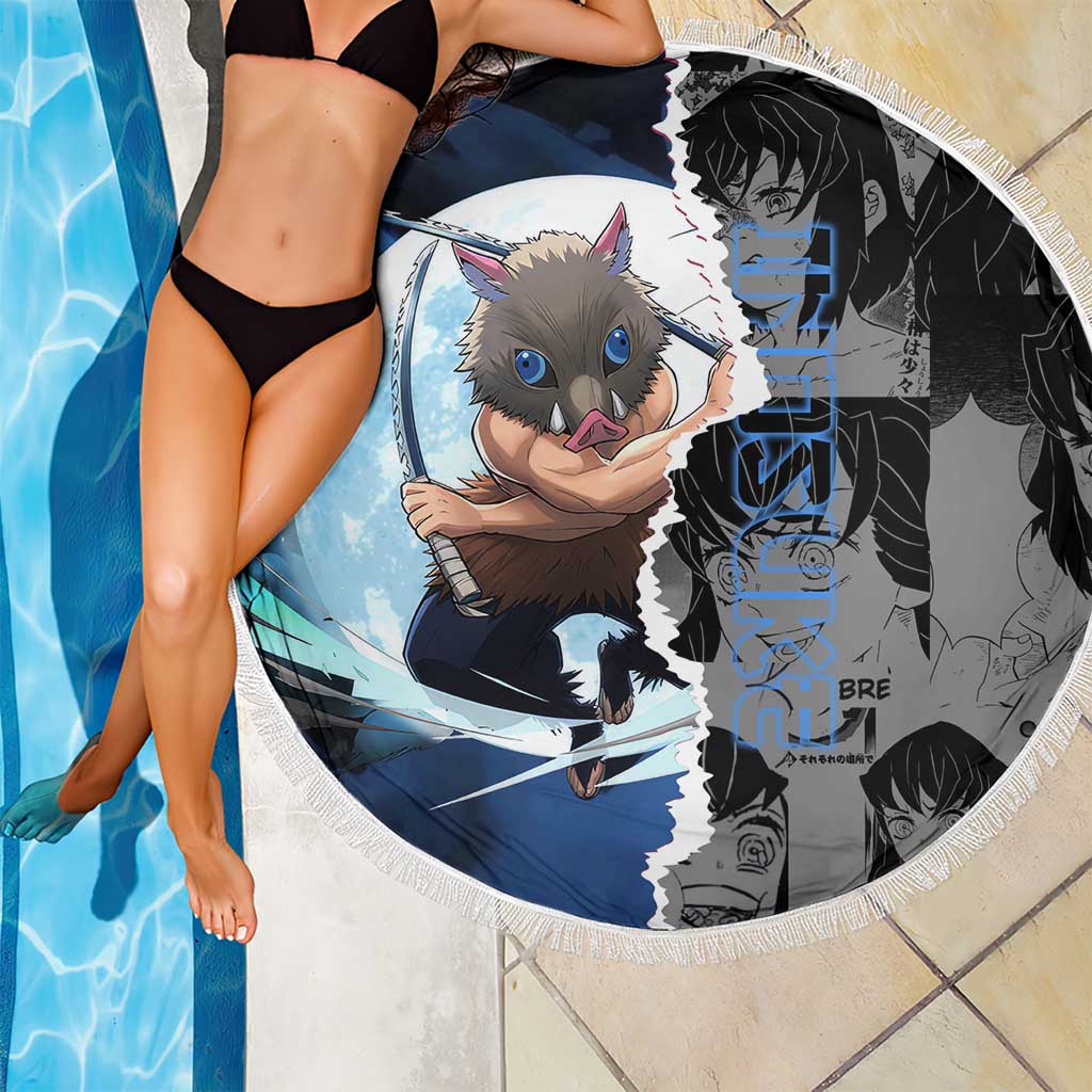 Inosuke Demon Slayer Blue and Black Theme Beach Blanket with Boar Mask and Manga Collage Action Design - The Mazicc