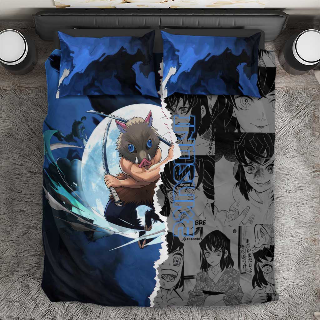 Inosuke Demon Slayer Blue and Black Theme Bedding Set with Boar Mask and Manga Collage Action Design - The Mazicc