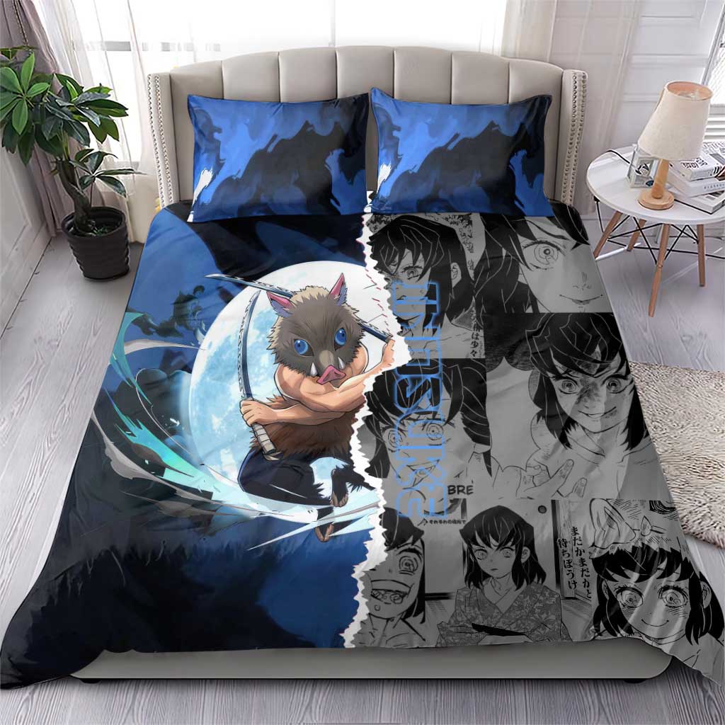 Inosuke Demon Slayer Blue and Black Theme Bedding Set with Boar Mask and Manga Collage Action Design - The Mazicc