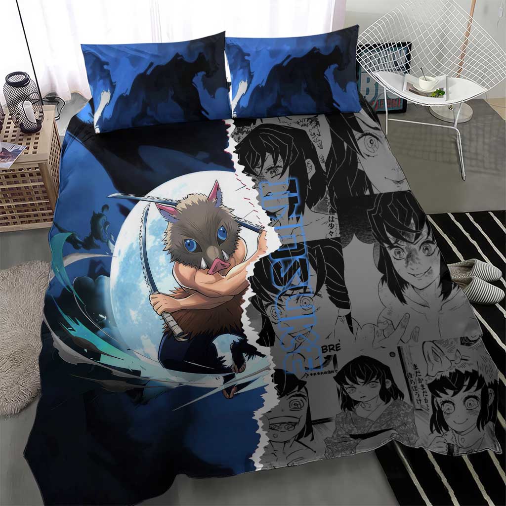 Inosuke Demon Slayer Blue and Black Theme Bedding Set with Boar Mask and Manga Collage Action Design - The Mazicc