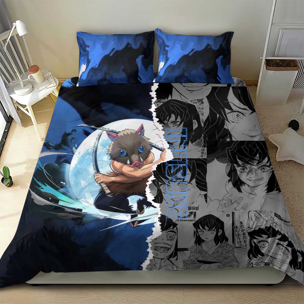 Inosuke Demon Slayer Blue and Black Theme Bedding Set with Boar Mask and Manga Collage Action Design - The Mazicc