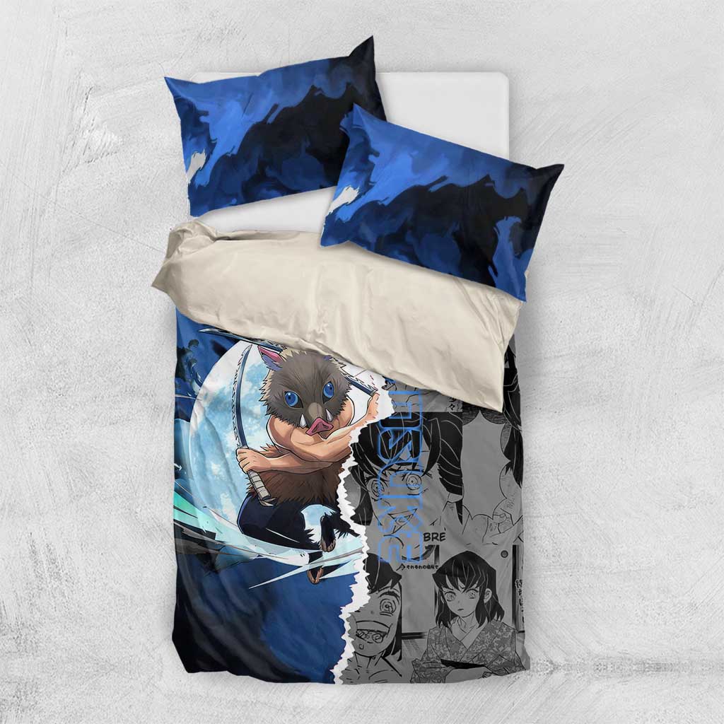 Inosuke Demon Slayer Blue and Black Theme Bedding Set with Boar Mask and Manga Collage Action Design - The Mazicc