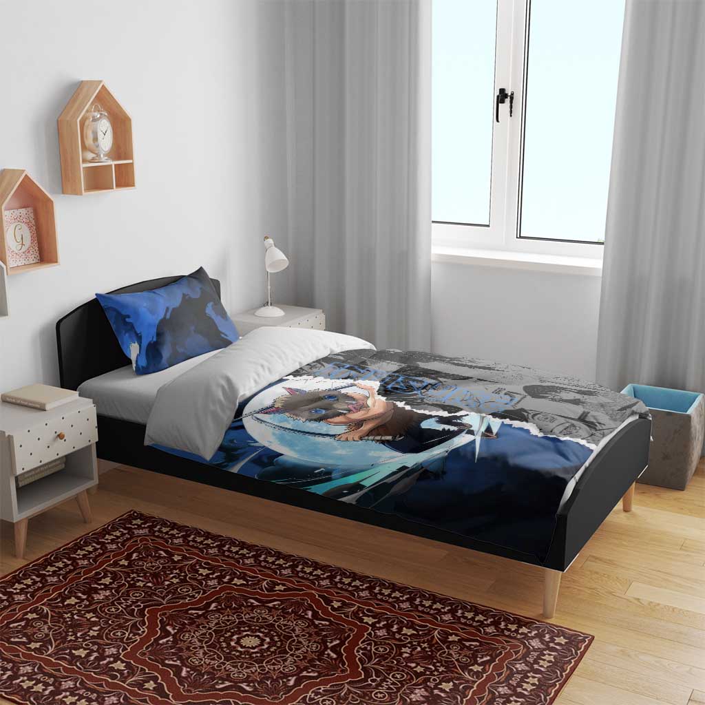 Inosuke Demon Slayer Blue and Black Theme Bedding Set with Boar Mask and Manga Collage Action Design - The Mazicc