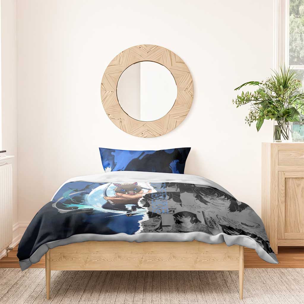 Inosuke Demon Slayer Blue and Black Theme Bedding Set with Boar Mask and Manga Collage Action Design - The Mazicc
