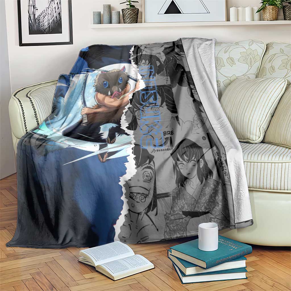 Inosuke Demon Slayer Blue and Black Theme Blanket with Boar Mask and Manga Collage Action Design - The Mazicc