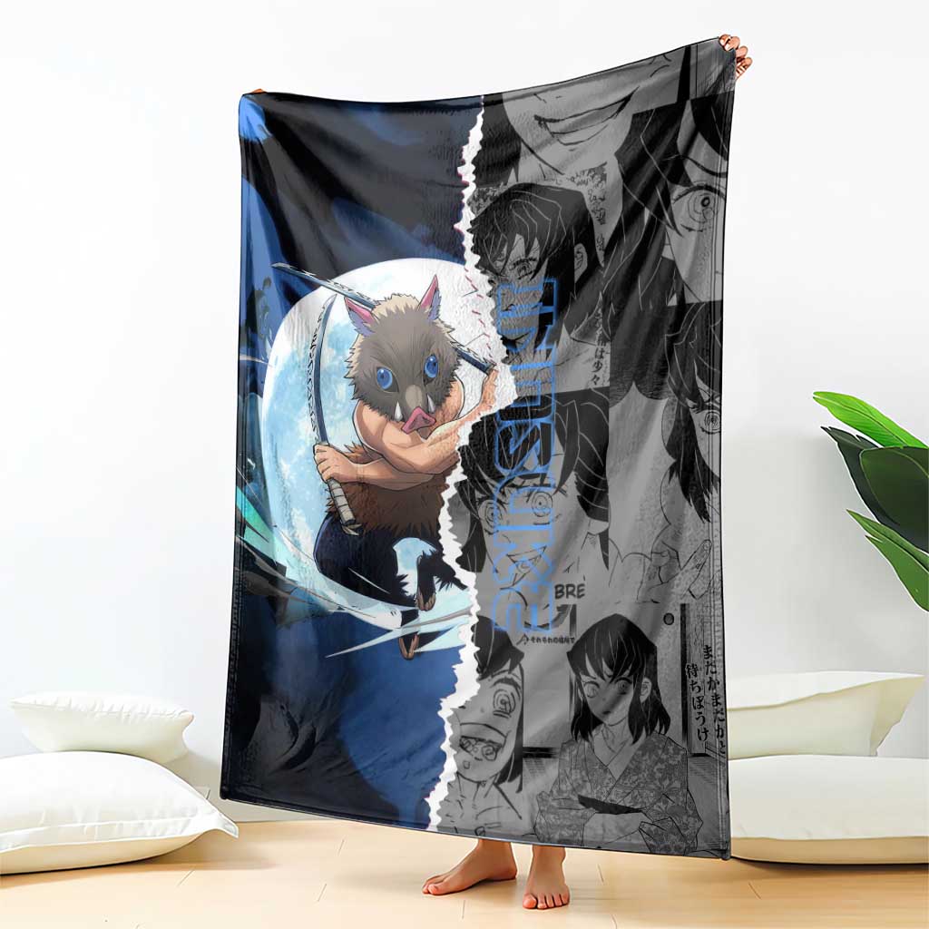 Inosuke Demon Slayer Blue and Black Theme Blanket with Boar Mask and Manga Collage Action Design - The Mazicc