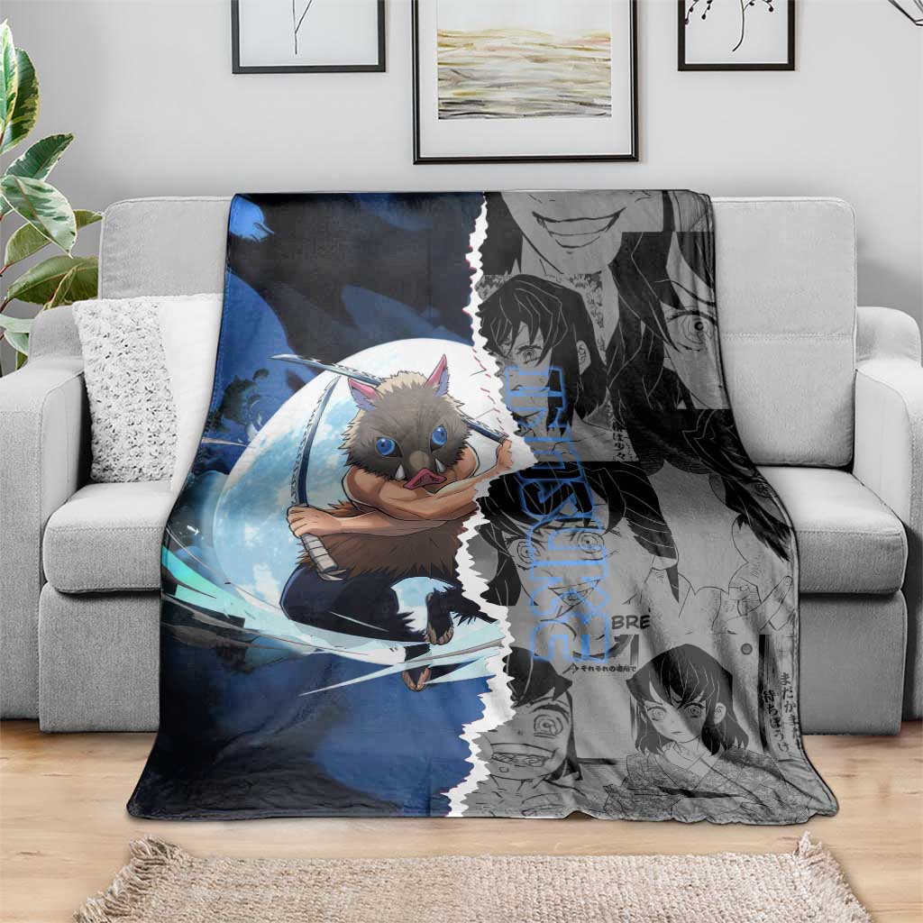 Inosuke Demon Slayer Blue and Black Theme Blanket with Boar Mask and Manga Collage Action Design - The Mazicc