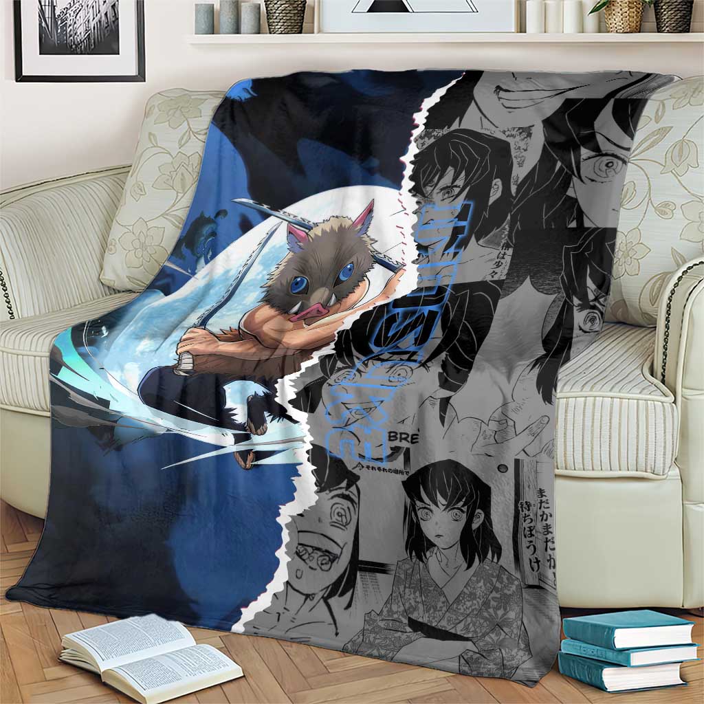Inosuke Demon Slayer Blue and Black Theme Blanket with Boar Mask and Manga Collage Action Design - The Mazicc