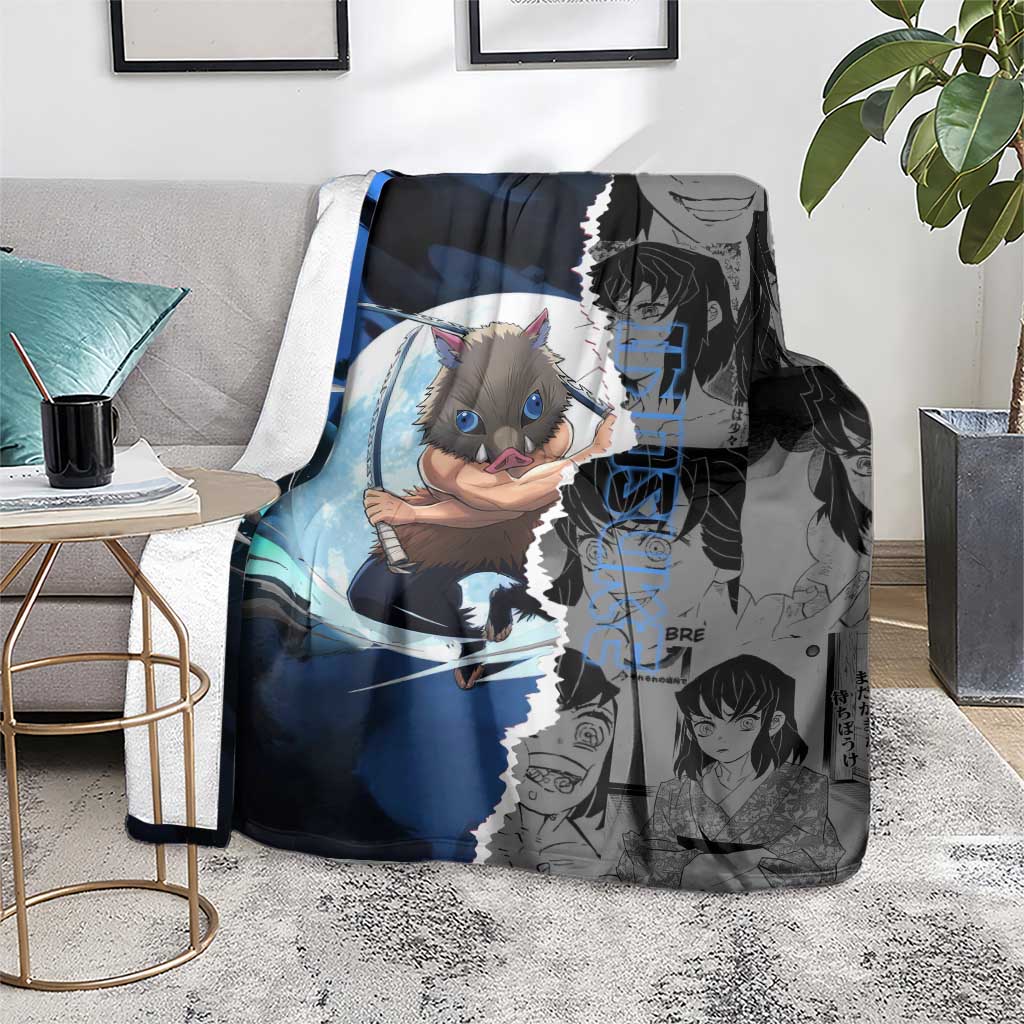 Inosuke Demon Slayer Blue and Black Theme Blanket with Boar Mask and Manga Collage Action Design - The Mazicc