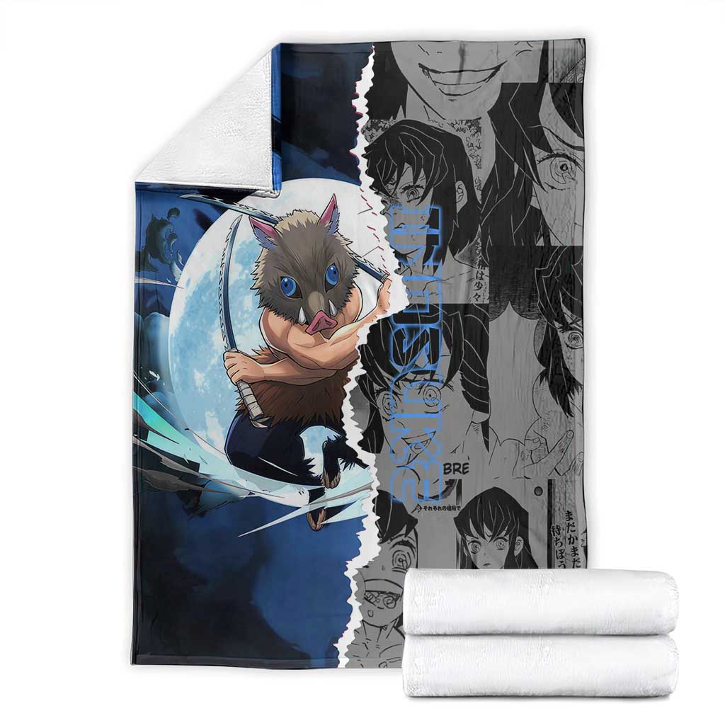 Inosuke Demon Slayer Blue and Black Theme Blanket with Boar Mask and Manga Collage Action Design - The Mazicc