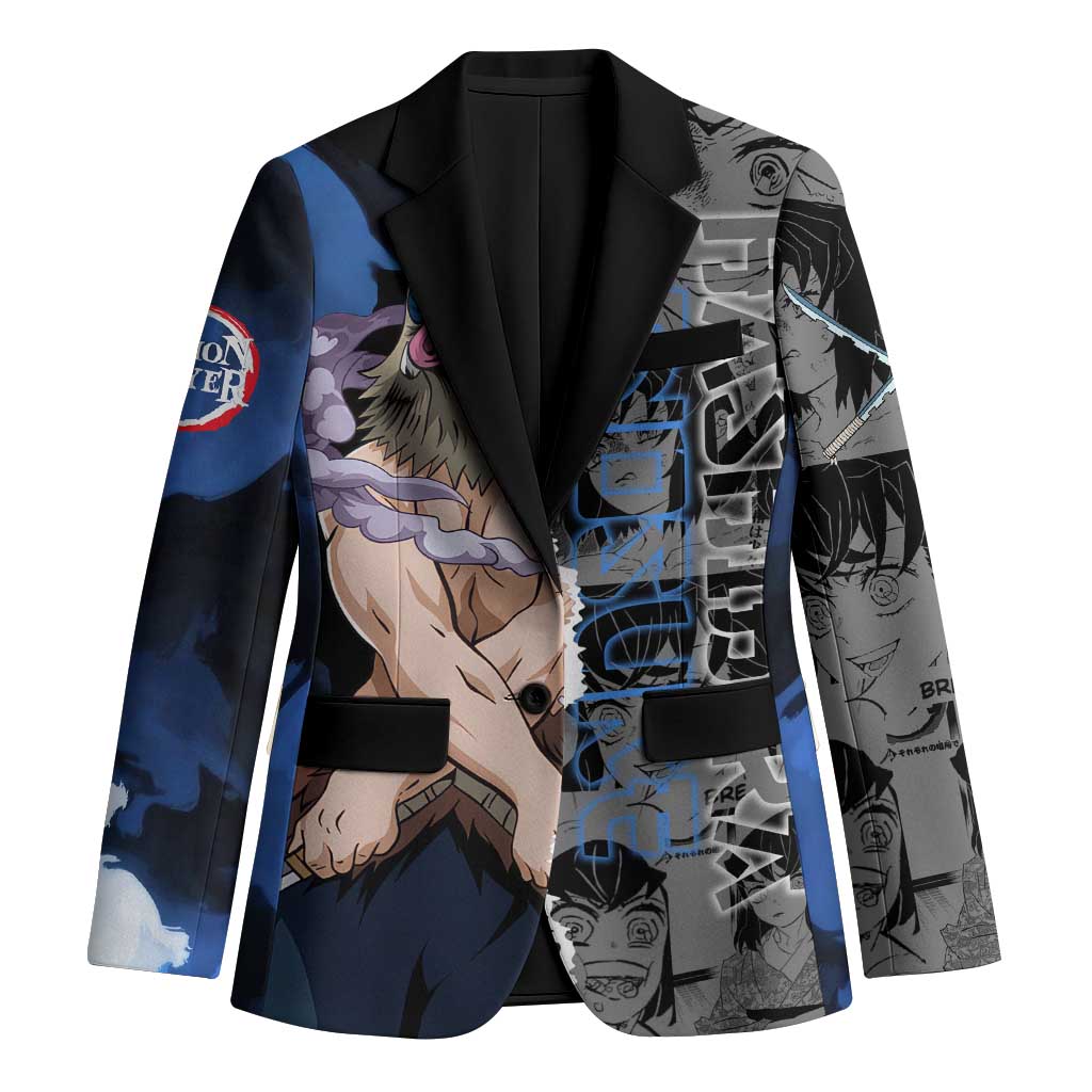 Inosuke Demon Slayer Blue and Black Theme Blazer with Boar Mask and Manga Collage Action Design - The Mazicc