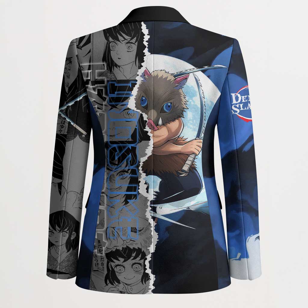 Inosuke Demon Slayer Blue and Black Theme Blazer with Boar Mask and Manga Collage Action Design - The Mazicc