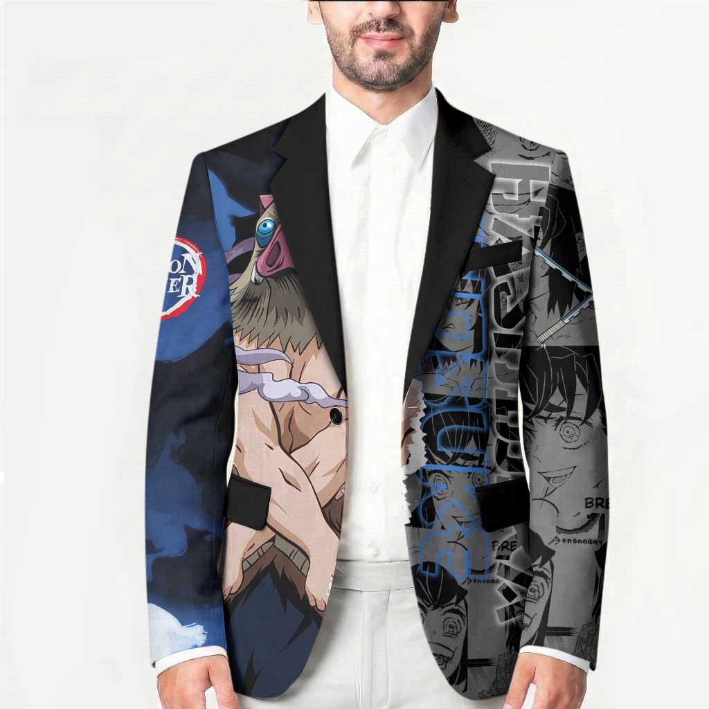 Inosuke Demon Slayer Blue and Black Theme Blazer with Boar Mask and Manga Collage Action Design - The Mazicc