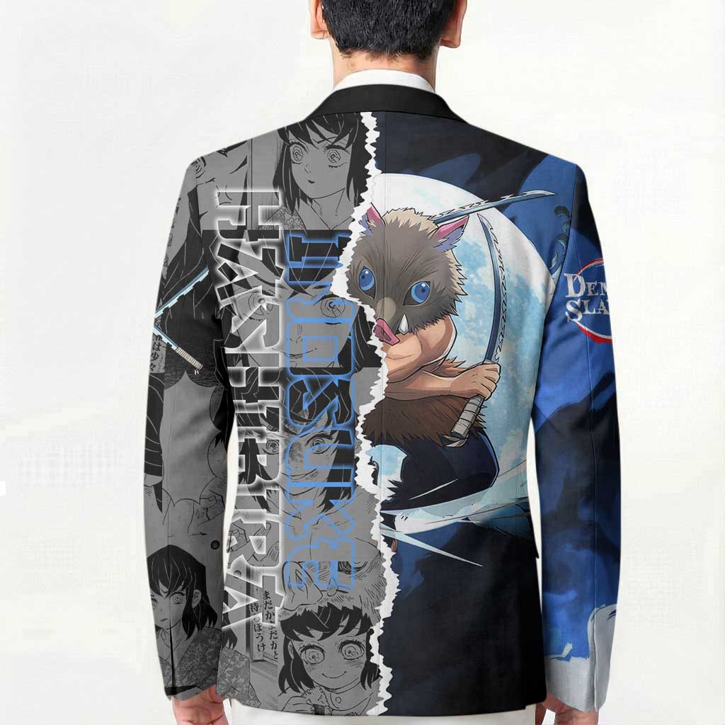 Inosuke Demon Slayer Blue and Black Theme Blazer with Boar Mask and Manga Collage Action Design - The Mazicc
