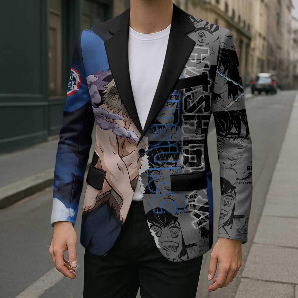 Inosuke Demon Slayer Blue and Black Theme Blazer with Boar Mask and Manga Collage Action Design - The Mazicc