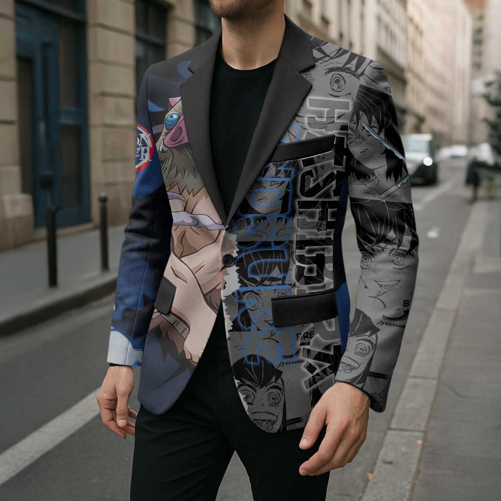 Inosuke Demon Slayer Blue and Black Theme Blazer with Boar Mask and Manga Collage Action Design - The Mazicc