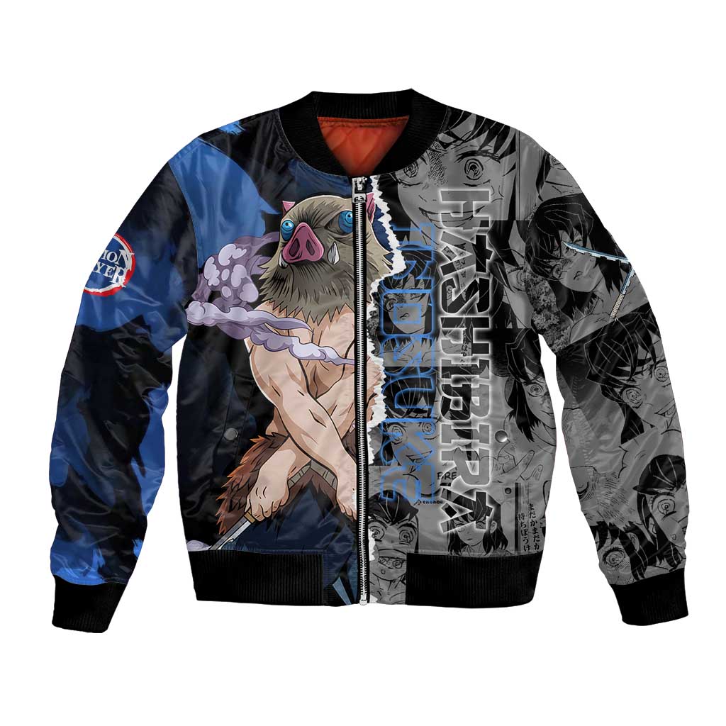 Inosuke Demon Slayer Blue and Black Theme Bomber Jacket with Boar Mask and Manga Collage Action Design - The Mazicc