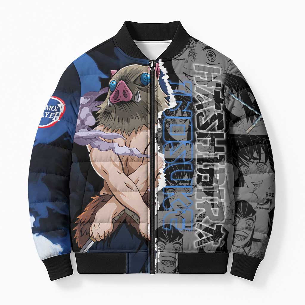 Inosuke Demon Slayer Blue and Black Theme Bomber Puffer Jacket with Boar Mask and Manga Collage Action Design - The Mazicc