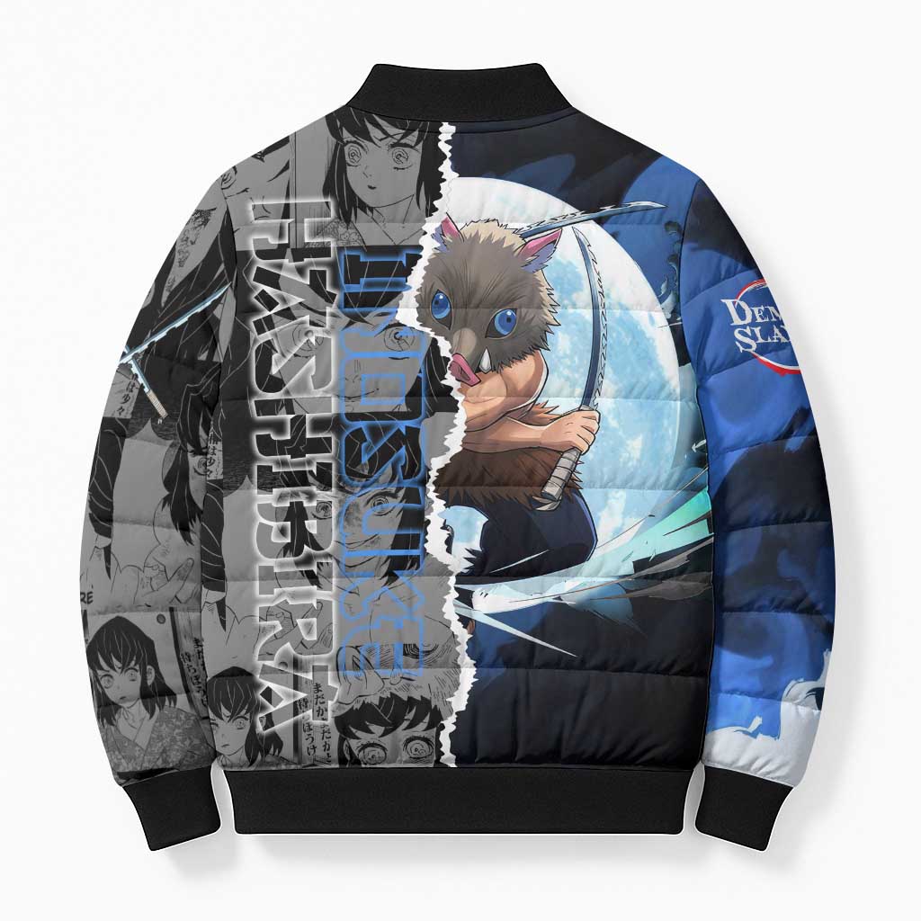 Inosuke Demon Slayer Blue and Black Theme Bomber Puffer Jacket with Boar Mask and Manga Collage Action Design - The Mazicc