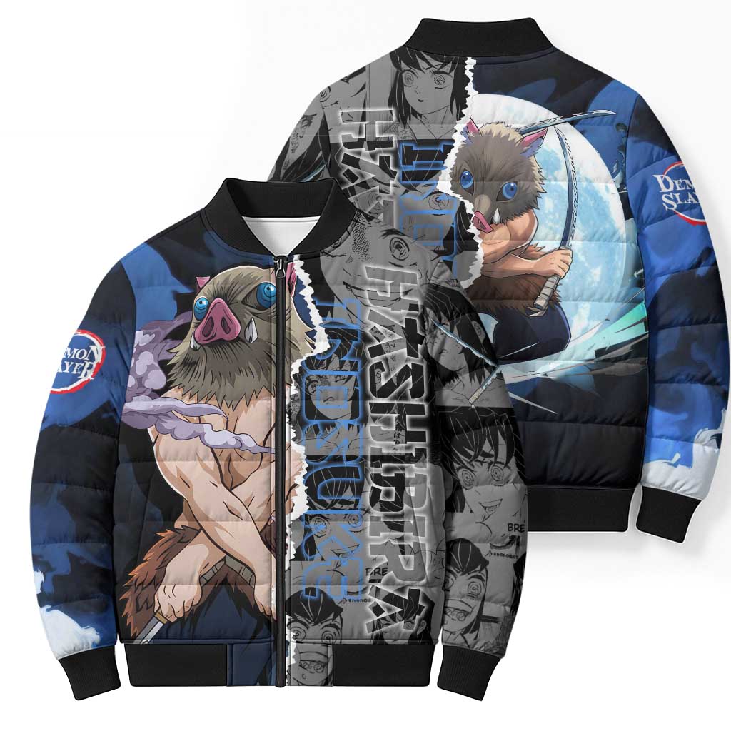Inosuke Demon Slayer Blue and Black Theme Bomber Puffer Jacket with Boar Mask and Manga Collage Action Design - The Mazicc