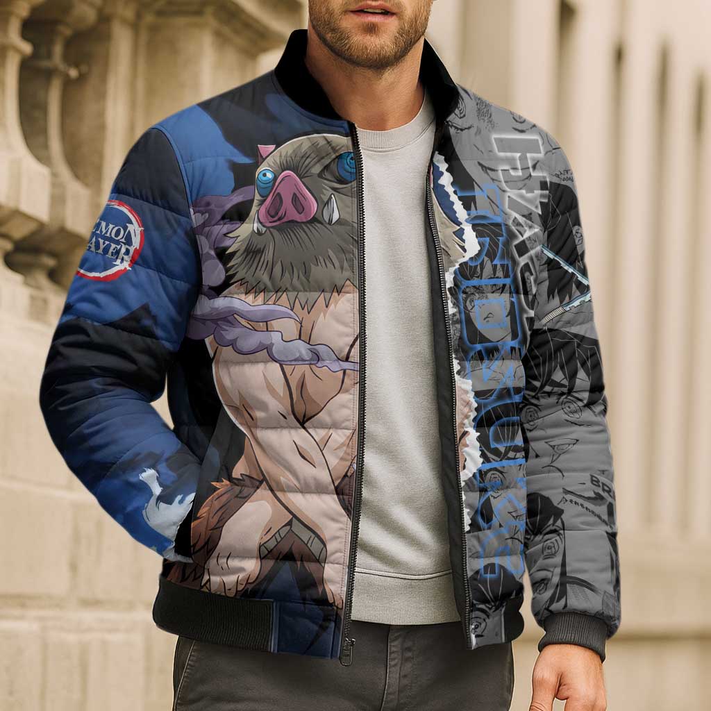 Inosuke Demon Slayer Blue and Black Theme Bomber Puffer Jacket with Boar Mask and Manga Collage Action Design - The Mazicc