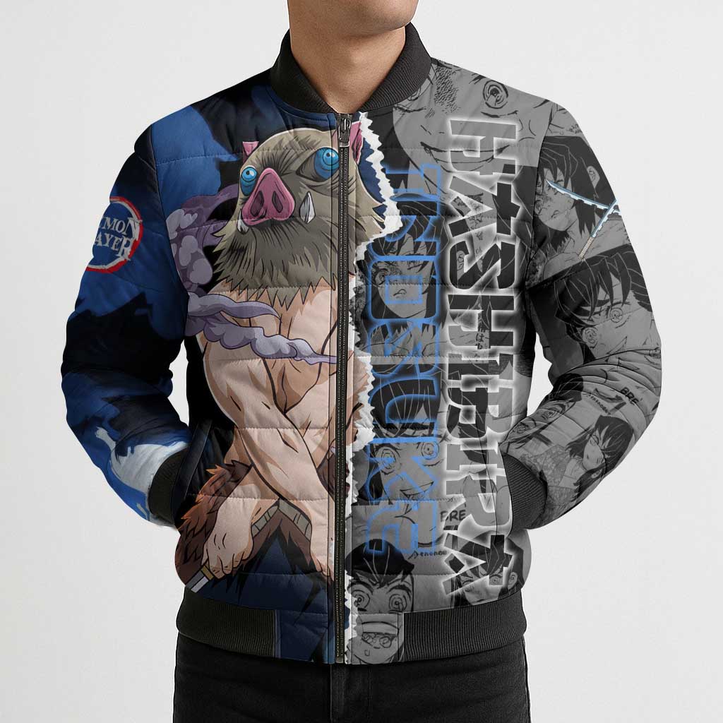 Inosuke Demon Slayer Blue and Black Theme Bomber Puffer Jacket with Boar Mask and Manga Collage Action Design - The Mazicc