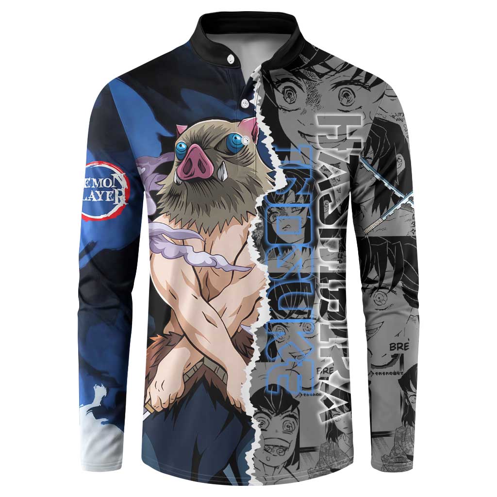 Inosuke Demon Slayer Blue and Black Theme Button Sweatshirt with Boar Mask and Manga Collage Action Design - The Mazicc