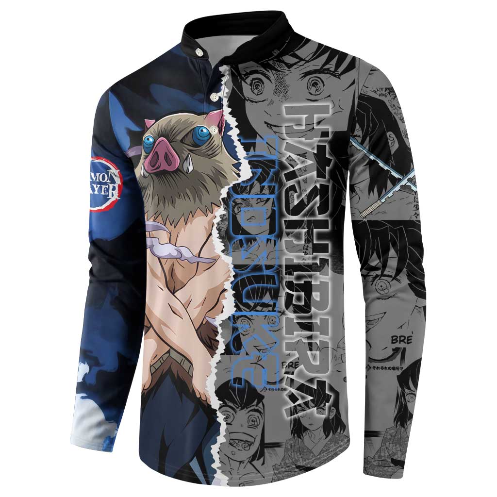 Inosuke Demon Slayer Blue and Black Theme Button Sweatshirt with Boar Mask and Manga Collage Action Design - The Mazicc
