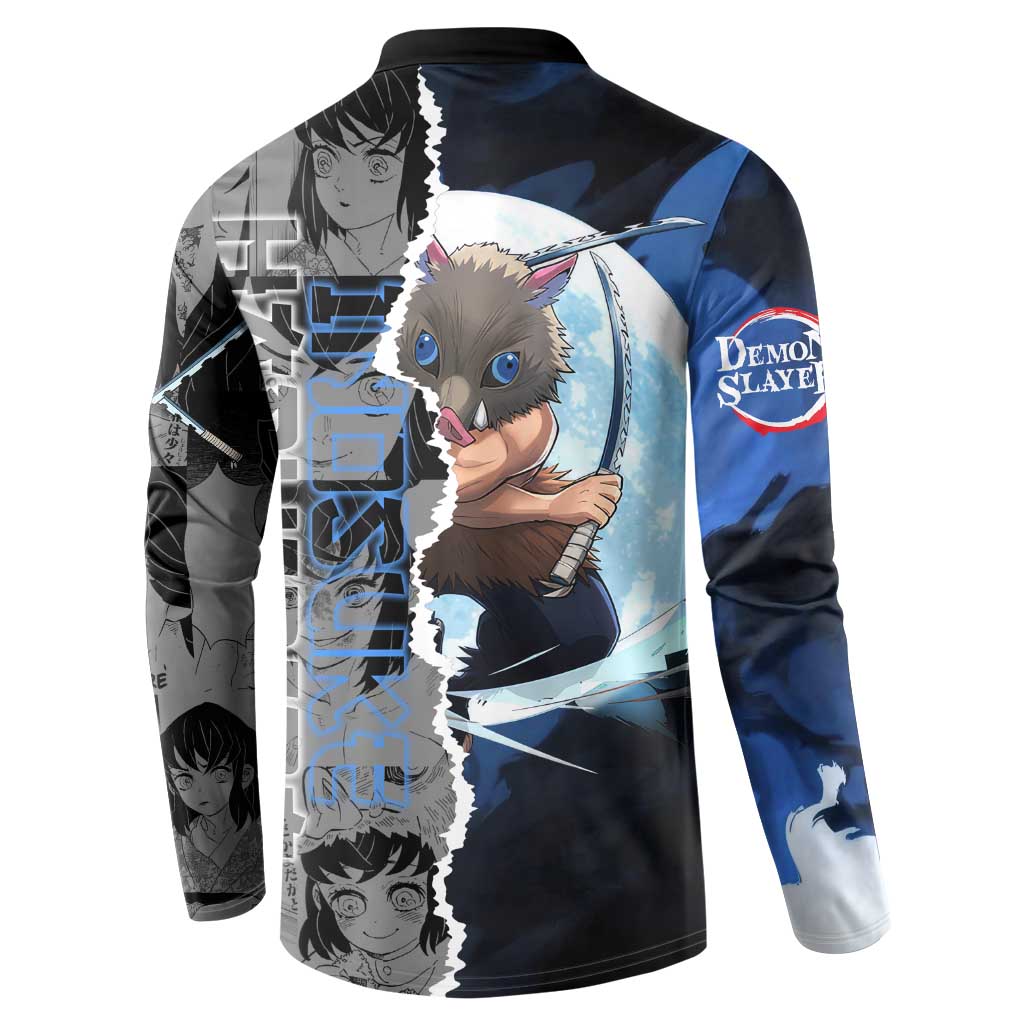 Inosuke Demon Slayer Blue and Black Theme Button Sweatshirt with Boar Mask and Manga Collage Action Design - The Mazicc