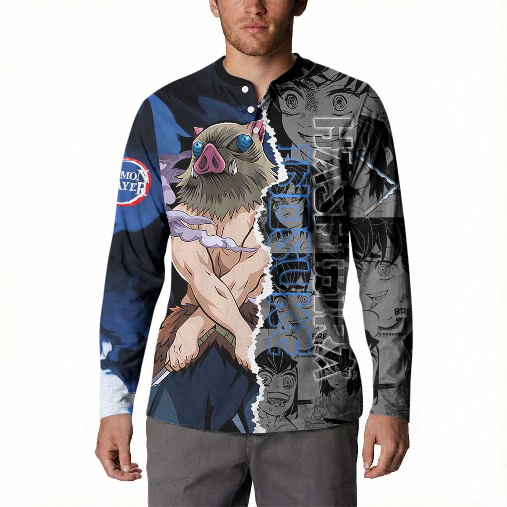 Inosuke Demon Slayer Blue and Black Theme Button Sweatshirt with Boar Mask and Manga Collage Action Design - The Mazicc
