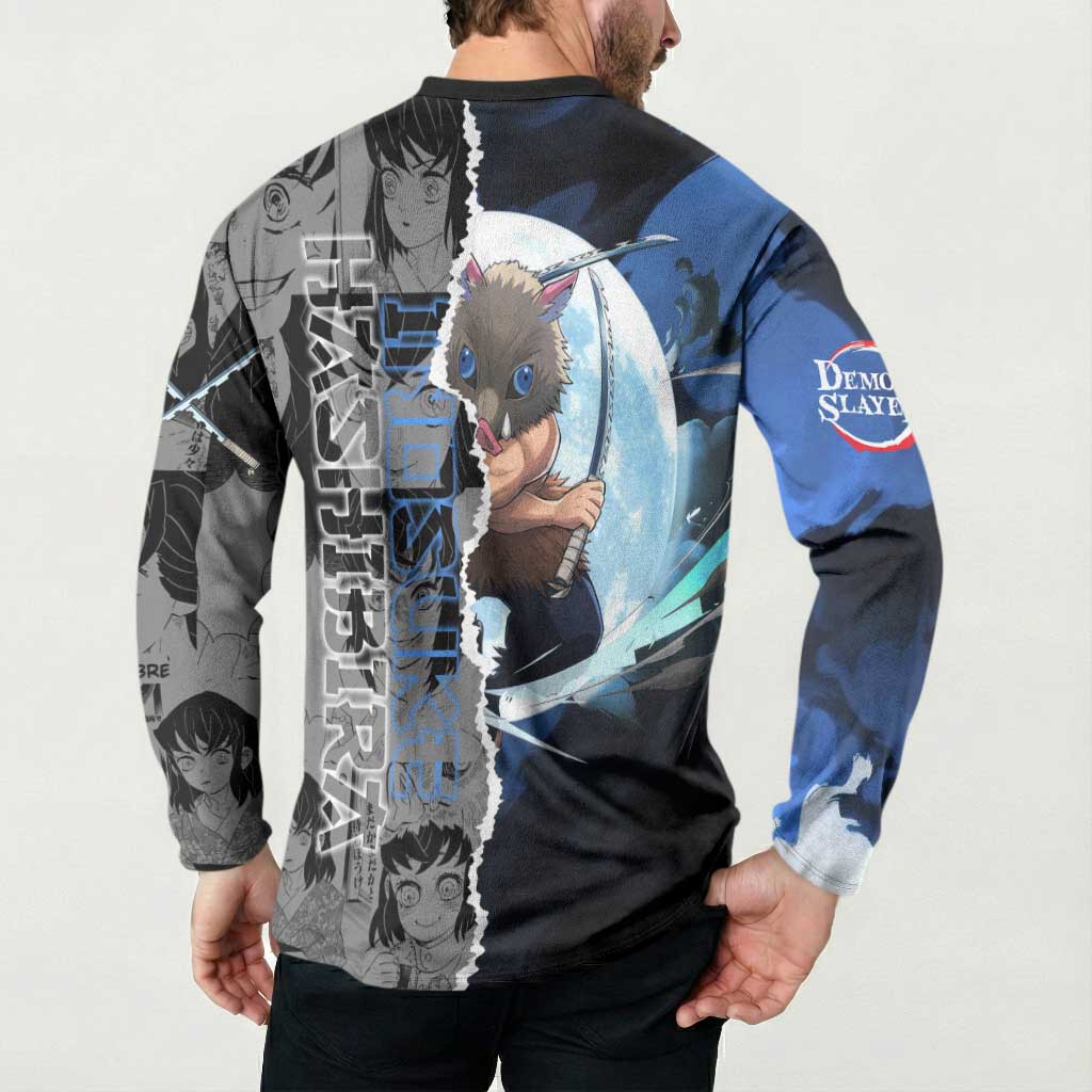 Inosuke Demon Slayer Blue and Black Theme Button Sweatshirt with Boar Mask and Manga Collage Action Design - The Mazicc