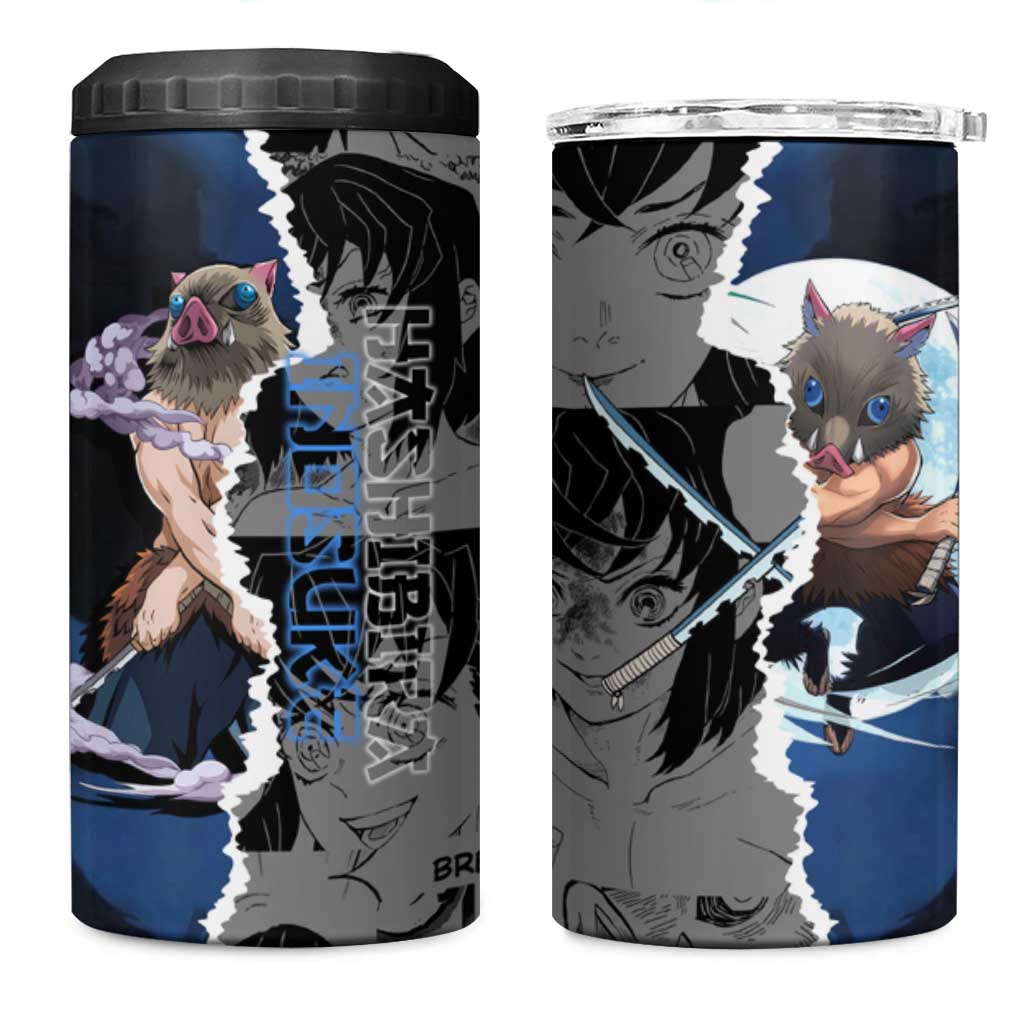 Inosuke Demon Slayer Blue and Black Theme 4 in 1 Can Cooler Tumbler with Boar Mask and Manga Collage Action Design - The Mazicc