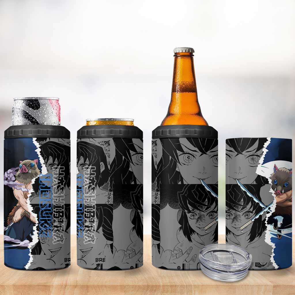 Inosuke Demon Slayer Blue and Black Theme 4 in 1 Can Cooler Tumbler with Boar Mask and Manga Collage Action Design - The Mazicc