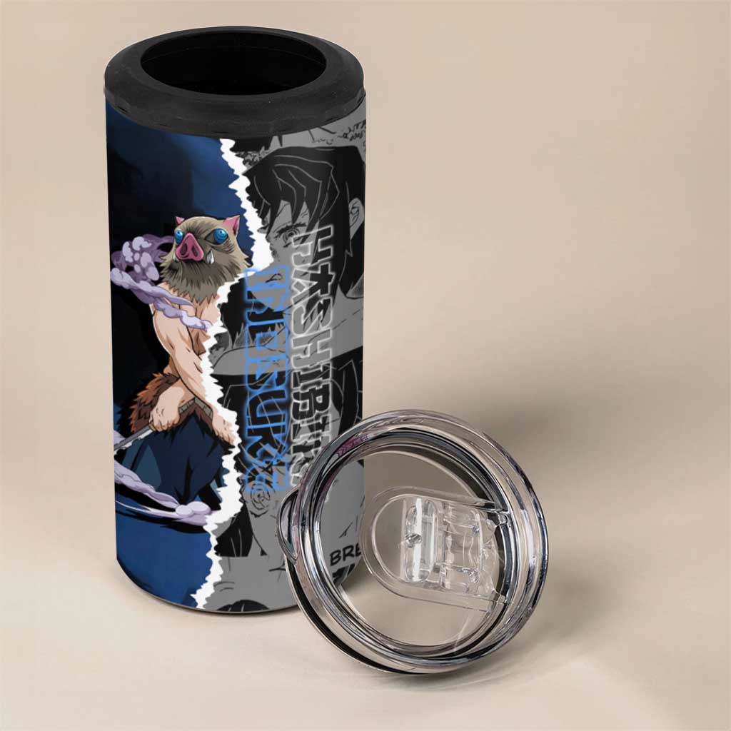 Inosuke Demon Slayer Blue and Black Theme 4 in 1 Can Cooler Tumbler with Boar Mask and Manga Collage Action Design - The Mazicc