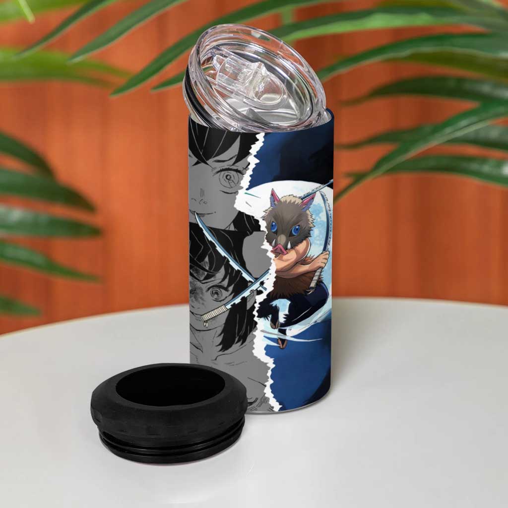 Inosuke Demon Slayer Blue and Black Theme 4 in 1 Can Cooler Tumbler with Boar Mask and Manga Collage Action Design - The Mazicc
