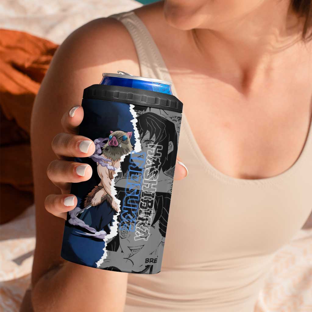 Inosuke Demon Slayer Blue and Black Theme 4 in 1 Can Cooler Tumbler with Boar Mask and Manga Collage Action Design - The Mazicc
