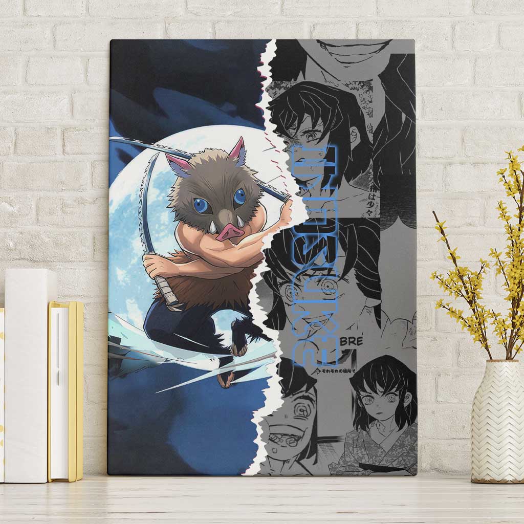 Inosuke Demon Slayer Blue and Black Theme Canvas Wall Art with Boar Mask and Manga Collage Action Design - The Mazicc