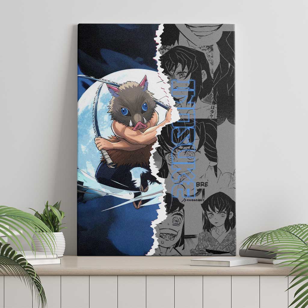 Inosuke Demon Slayer Blue and Black Theme Canvas Wall Art with Boar Mask and Manga Collage Action Design - The Mazicc
