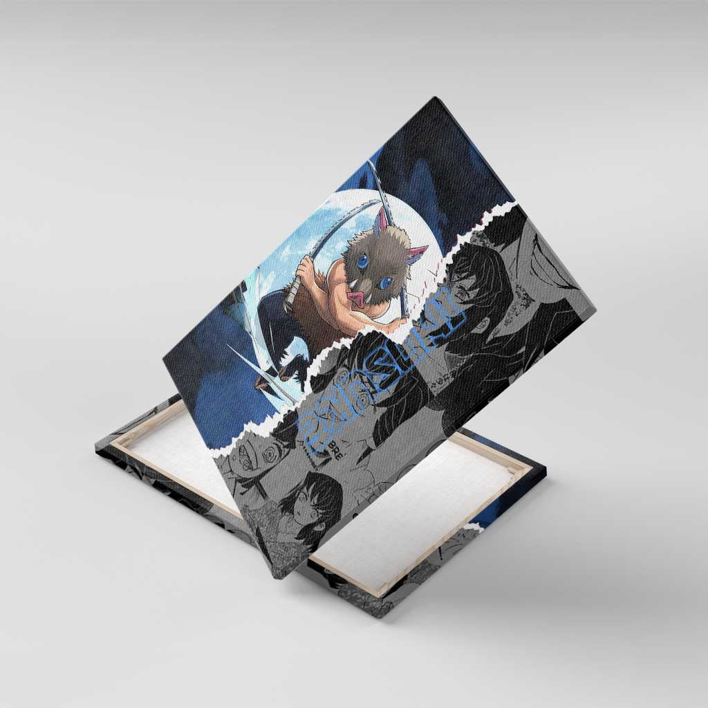 Inosuke Demon Slayer Blue and Black Theme Canvas Wall Art with Boar Mask and Manga Collage Action Design - The Mazicc