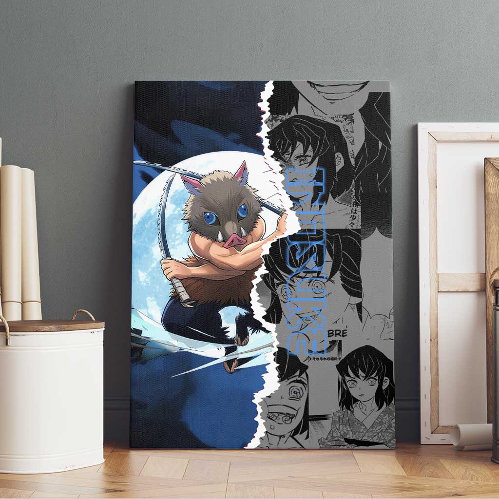 Inosuke Demon Slayer Blue and Black Theme Canvas Wall Art with Boar Mask and Manga Collage Action Design - The Mazicc
