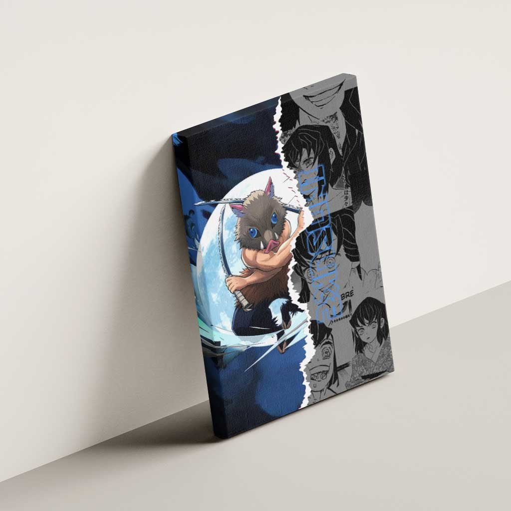 Inosuke Demon Slayer Blue and Black Theme Canvas Wall Art with Boar Mask and Manga Collage Action Design - The Mazicc