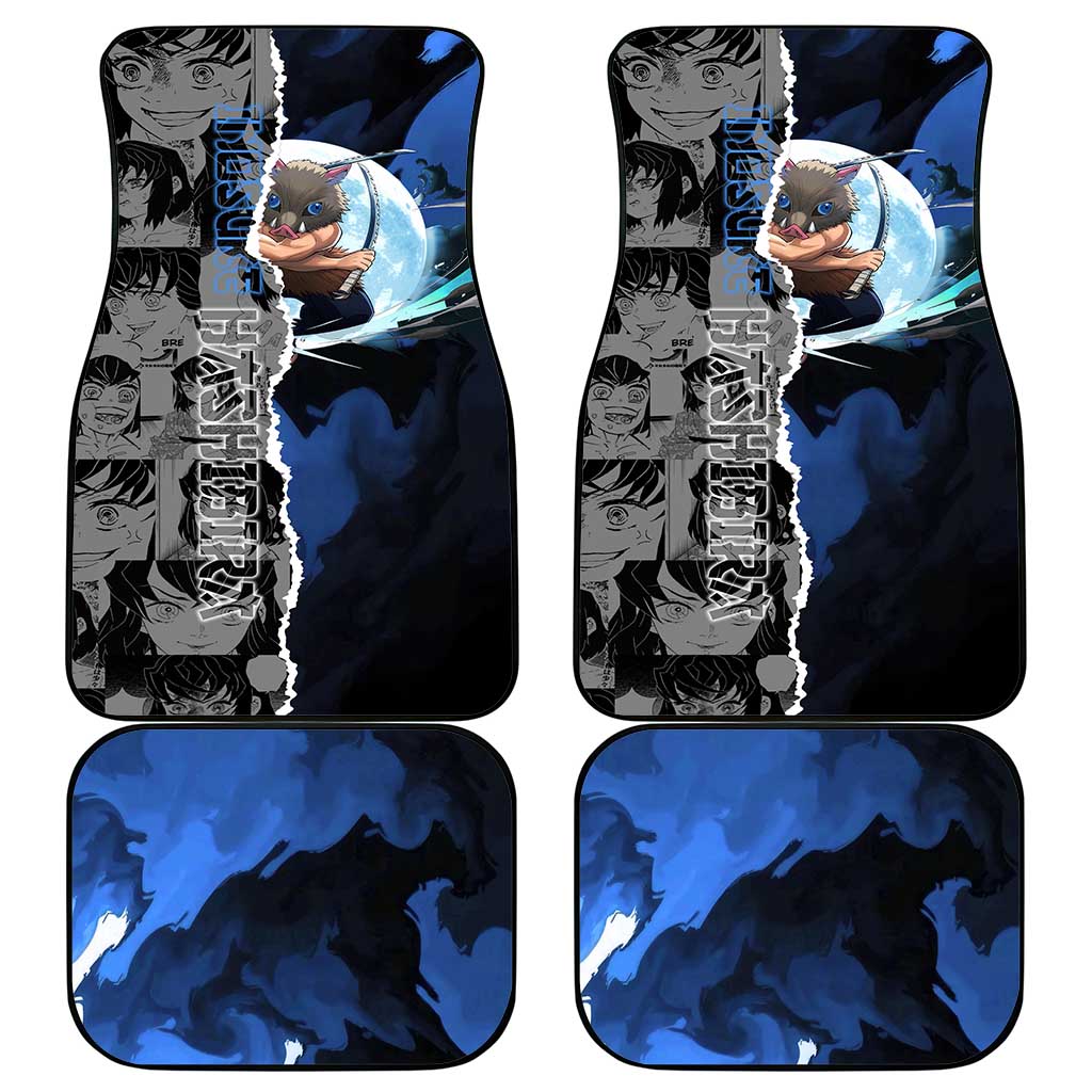 Inosuke Demon Slayer Blue and Black Theme Car Mats with Boar Mask and Manga Collage Action Design - The Mazicc