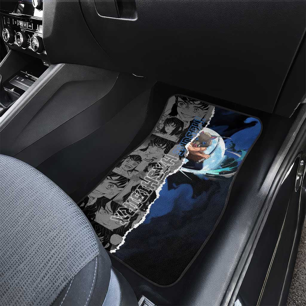Inosuke Demon Slayer Blue and Black Theme Car Mats with Boar Mask and Manga Collage Action Design - The Mazicc