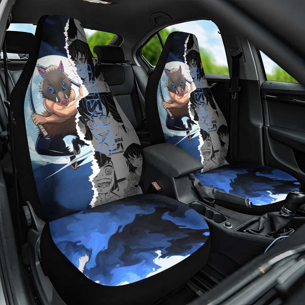 Inosuke Demon Slayer Blue and Black Theme Car Seat Cover with Boar Mask and Manga Collage Action Design - The Mazicc