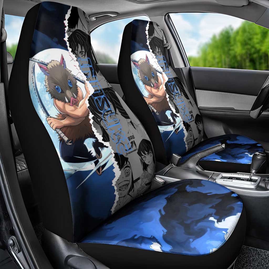 Inosuke Demon Slayer Blue and Black Theme Car Seat Cover with Boar Mask and Manga Collage Action Design - The Mazicc