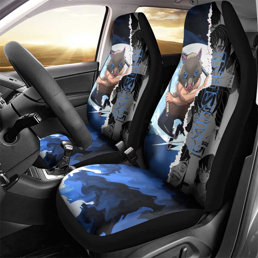 Inosuke Demon Slayer Blue and Black Theme Car Seat Cover with Boar Mask and Manga Collage Action Design - The Mazicc